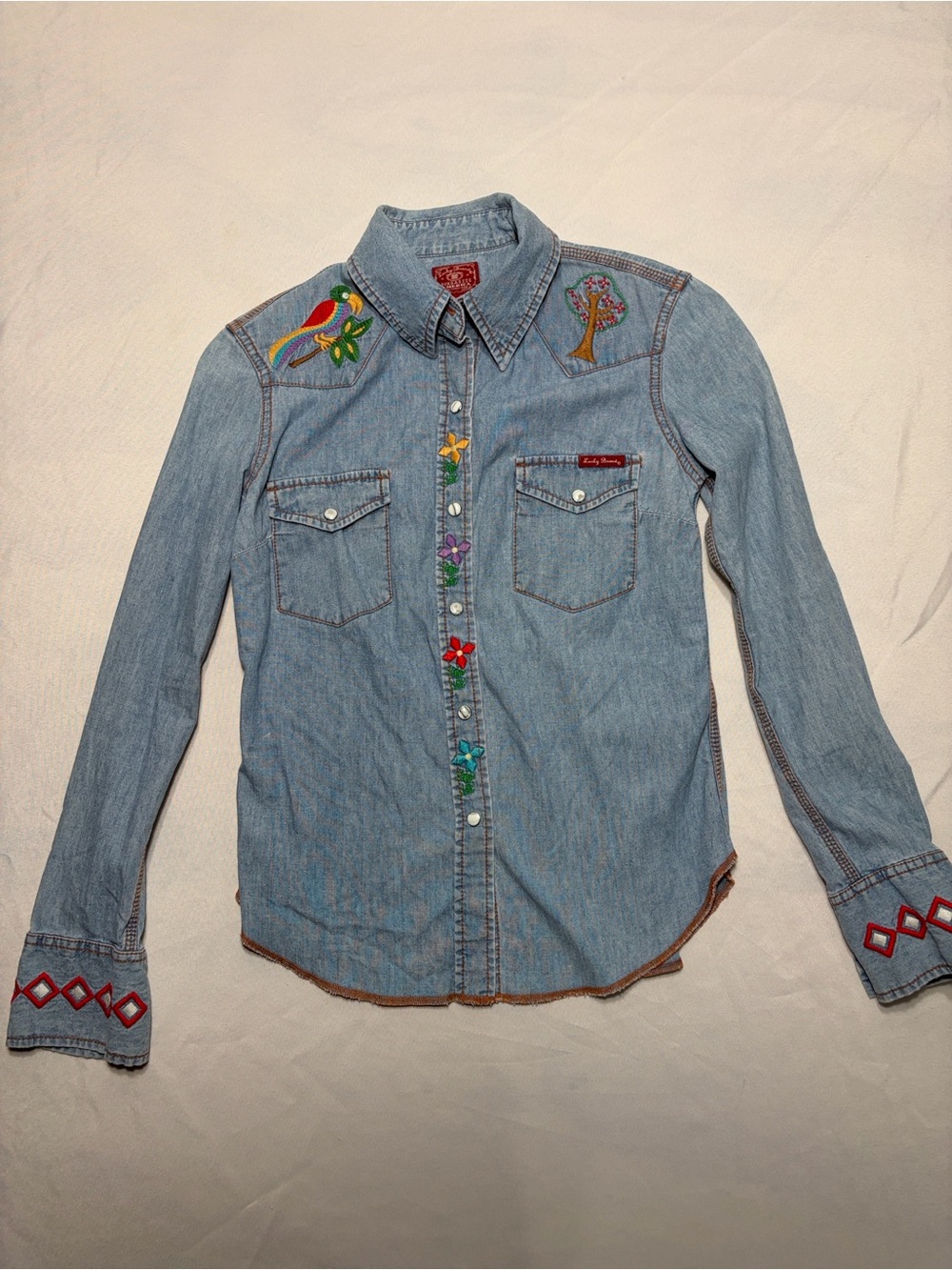 Lucky Brand Light Blue Denim Shirt with Red Label and beautiful embroidery